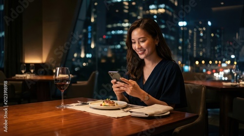 Woman using smartphone at restaurant table during night dinner.