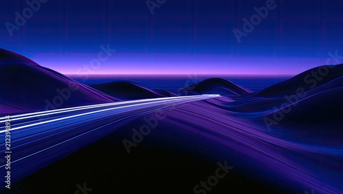 Abstract landscape with glowing lines of light flowing through rolling hills at dusk