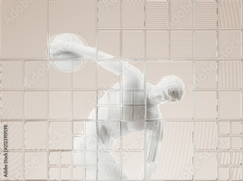 Foto Distorted silhouette of sculpture with throwing disk behind recursive glass 3d render