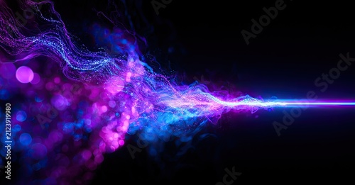 Vibrant digital energy stream flows from a nebula of particles