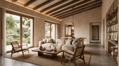 Modern Mediterranean Living Room with Wooden Beams and Garden View