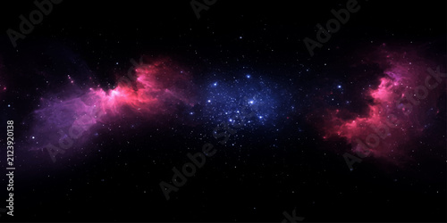 Fotografie A mesmerizing cosmic vista unfolds, showcasing vibrant nebulae in hues of pink and blue against the inky blackness of deep space, studded with distant stars