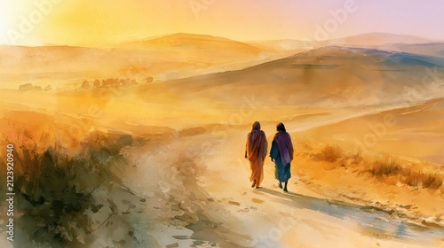 Pastel watercolor scene of the Emmaus journey with robe-clad wanderers on a dusty road