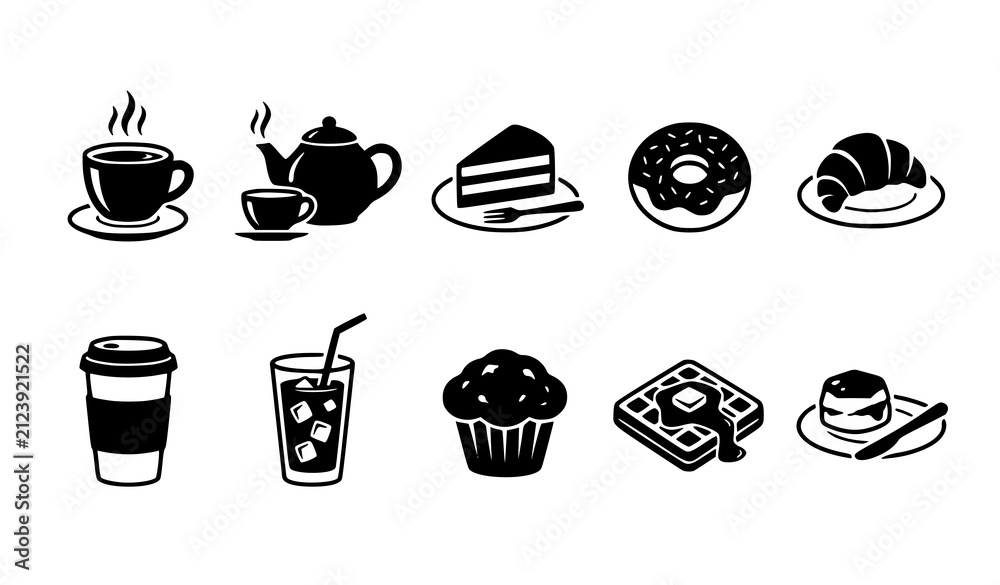 Obraz premium ​Coffee Cake and Bakery Line Icon Set Vector Illustration Collection for Cafe Menu and Food Branding