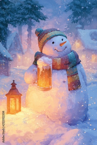 Playful winter illustration: snowman with beer amid a snowy landscape
