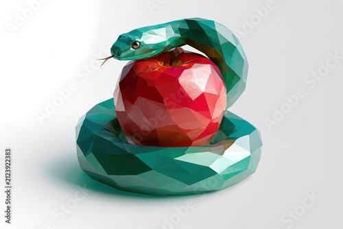 Polygonal serpent embracing a red apple in a modern abstract illustration