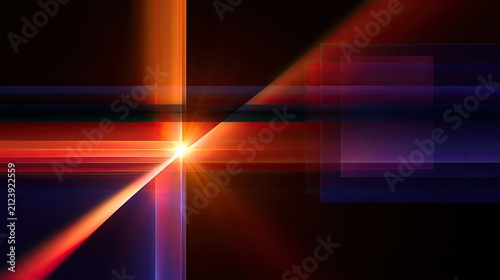 Abstract geometric composition with glowing light flares and overlapping translucent squares