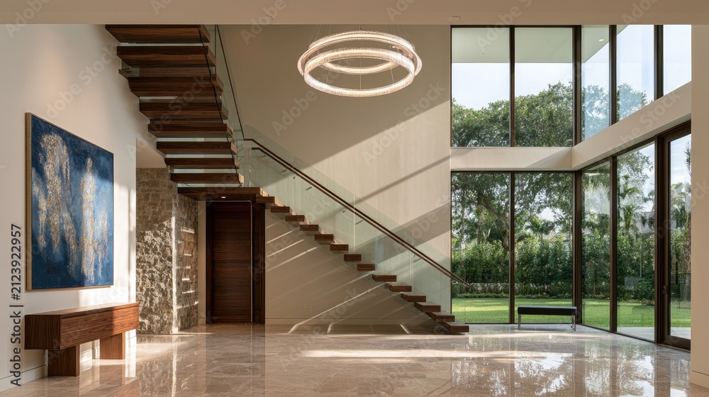 Fototapeta premium Modern entryway with floating staircase, large windows, and abstract art