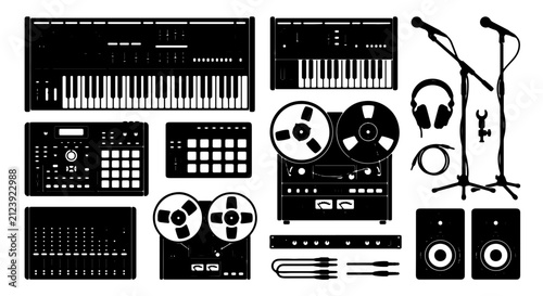Canvastavla Vintage Music Production Equipment Set, Retro Audio Gear Collection, Analog Synt