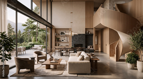 Luxury Modern Living Room with Spiral Staircase and Forest View