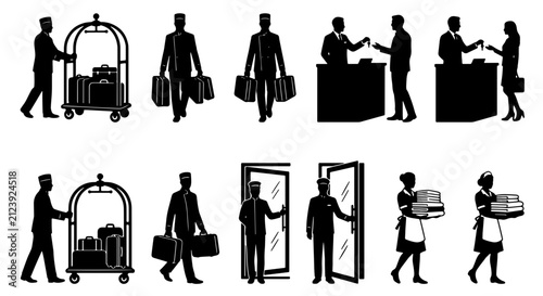 Bild auf Leinwand Hotel Staff Silhouettes: Bellhop with Luggage Cart, Porter with Suitcases, Conci