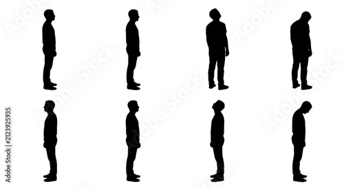 Silhouette Figures, Diverse Poses, Human Body Shapes, Male Icons, Side View, Emotional States, Black and White Vector Collection