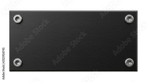 Name Plate Made of Matte Black Steel with Brushed Texture and Four Corner Screws Isolated on White Background