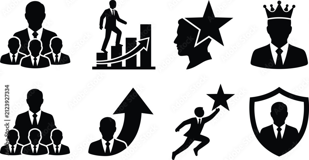 Fototapeta premium Business Leadership and Success Silhouette Icons Representing Growth, Achievement, Teamwork, and Professional Development for Corporate Design