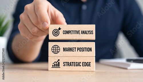 Professional hand placing wooden blocks representing competitive analysis market positioning and strategic edge on desk