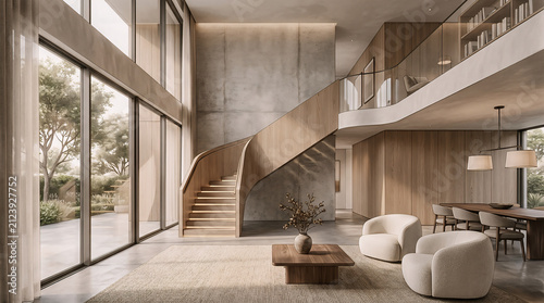 Modern Luxury Interior with Curved Wooden Staircase and Large Windows