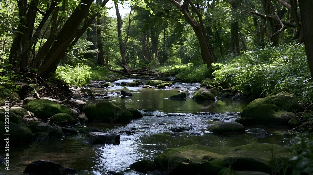 Fototapeta premium A serene forest stream flows gently over moss covered rocks surrounded by dense green foliage and tall trees
