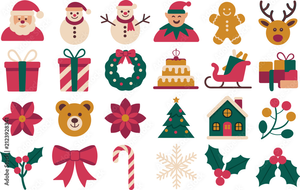 Fototapeta premium Christmas holiday flat vector icon set featuring Santa Claus gingerbread man deer and festive decorations