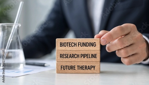 Professional pointing at biotech funding research pipeline and future therapy blocks with lab equipment visible