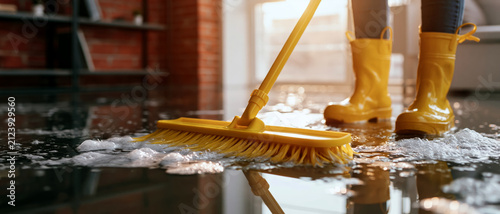  person wearing bright yellow rubber rain boots standing in a flooded room, 