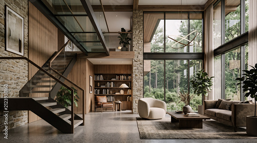 Modern luxury living room interior with high ceiling and glass stairs