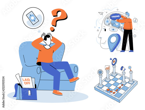 Person sitting on a chair with a question mark and laid off documents, vector illustration. Unemployment, career change, business strategy, financial crisis, job search, professional growth. Man