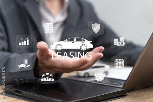 Businessman Presenting Corporate Car Leasing Concept, Vehicle Leasing, Business Fleet Management, Monthly Payments, Interest Rates, Finance, Lease Agreement, Mobility Solutions for Companies