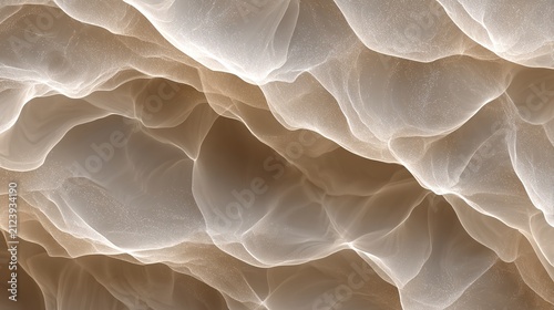 Ethereal translucent beige silk fabric abstract background with soft flowing folded layers and subtle glitter specks, wavy sheer texture for luxury cosmetic banner, minimalist elegant graphic design