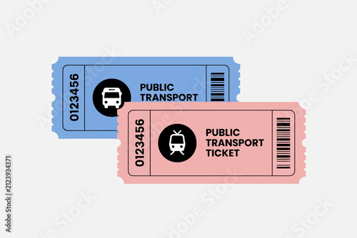 Two public transport ticket cards with bus and metro icons isolated