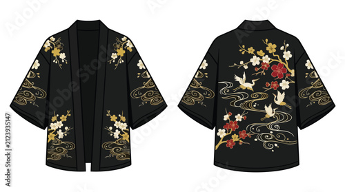 Stylish Japanese Kimono Outerwear with Traditional Crane and Cherry Blossom Floral Embroidery Pattern Graphics