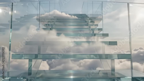 Transparent Glass Staircase Floating Above Clouds at Sunrise, Surreal Ethereal Landscape