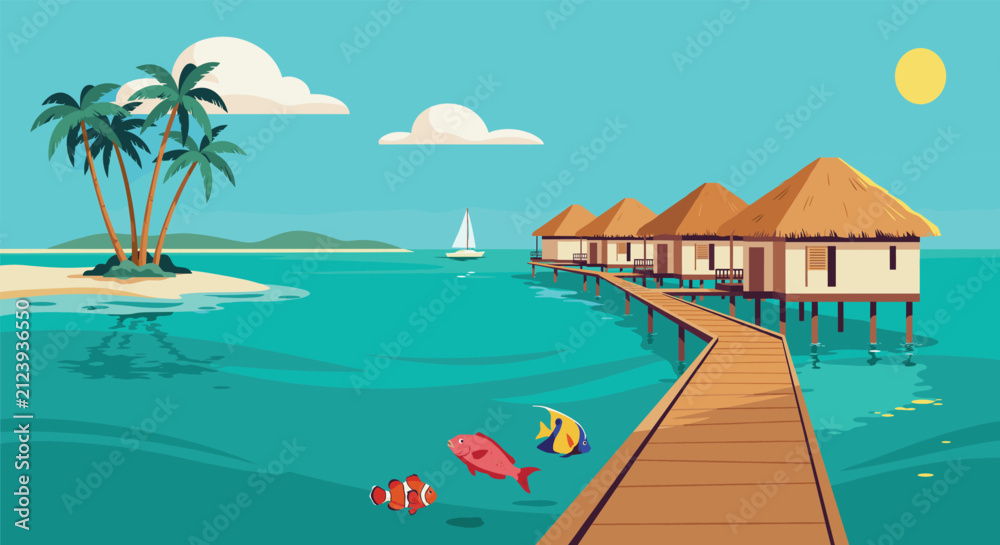 Naklejka premium Tropical resort with overwater bungalows and palm trees on a sunny day