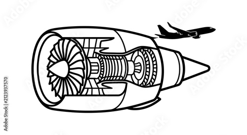 Jet engine and airplane illustration black and white silhouette