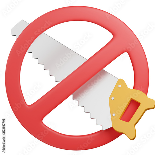 Foto 3D render Hand Saw in Prohibition Sign , no logging Isolated icon