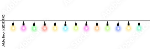Colorful string lights glowing against white background with empty space with displays multicolored bulb lights hanging wires illumination with illustration