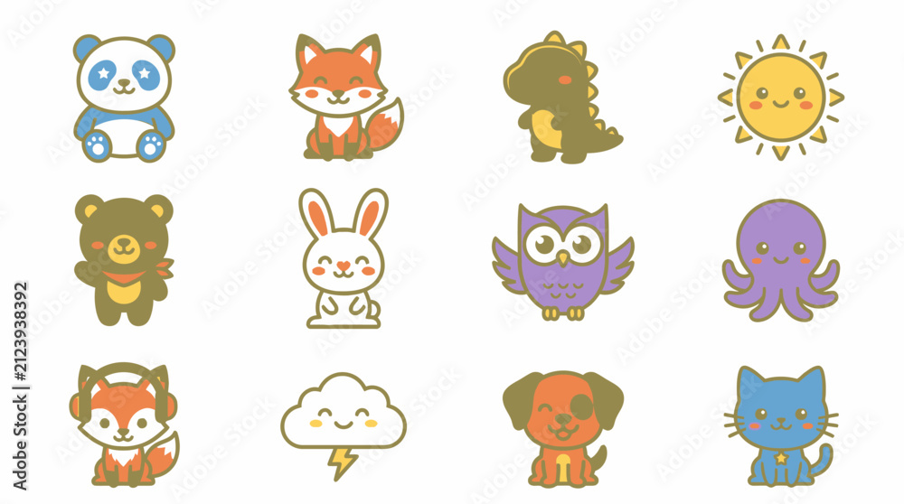 Fototapeta premium Collection of cute animal and nature character stickers.