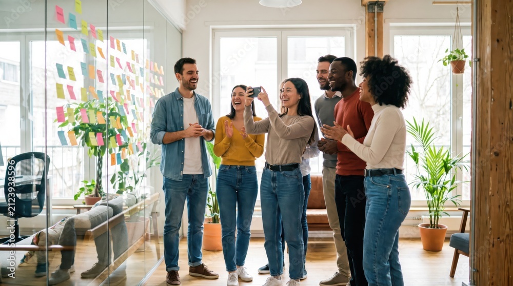 Fototapeta premium Young diverse team celebrating project milestone in bright office with sticky notes on glass, smiling and taking photo while standing near plants and casual furniture