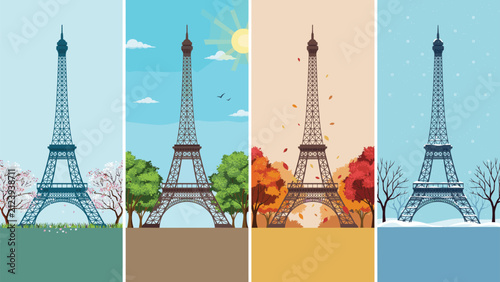 Photography Eiffel tower in paris through the four seasons of the year