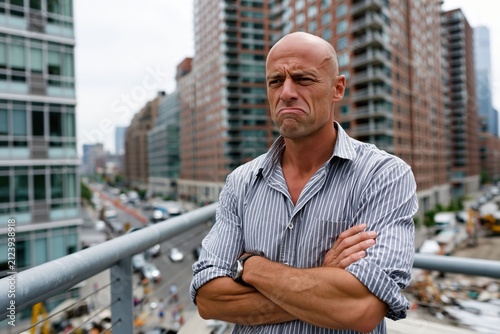 man stands on a balcony with arms crossed, looking displeased while facing a busy city street filled with cars. Tall buildings surround area during day