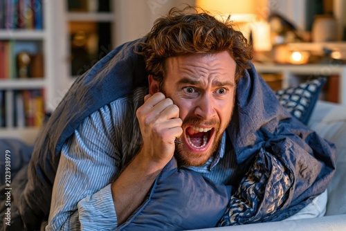 man sits on a couch wrapped in a blanket, speaking urgently on phone. His face shows strong emotions under warm lights in his living room during evening hours
