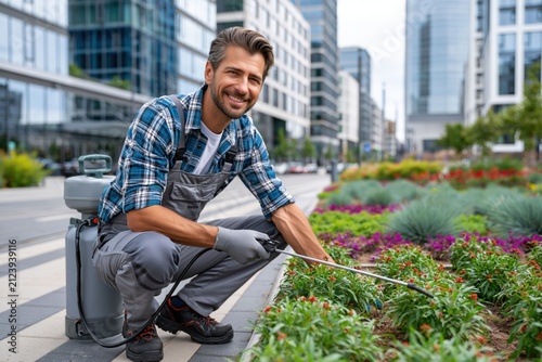 man is on his knees working in a flower bed in a city park. He is using a tool to care for plants. Nearby, there are modern buildings and other greenery in background