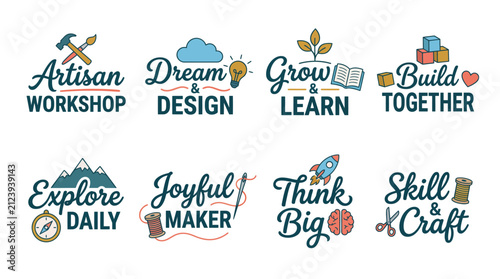 Картината върху платно A joyful collection of themes for workshops, emphasizing discovery and creativity through activities like crafting, building, and exploring, aimed at stimulating minds and teamwork
