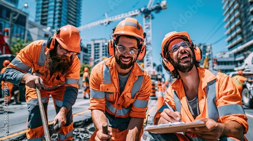 Three men in bright orange work uniforms and safety gear are engaged in construction tasks. They are smiling while working at a busy construction site surrounded by buildings and cranes