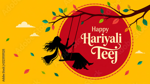 Happy hariyali teej and kajari teej silhouette woman swinging beneath leafy branch with vibrant red sun and golden festive background illustration design