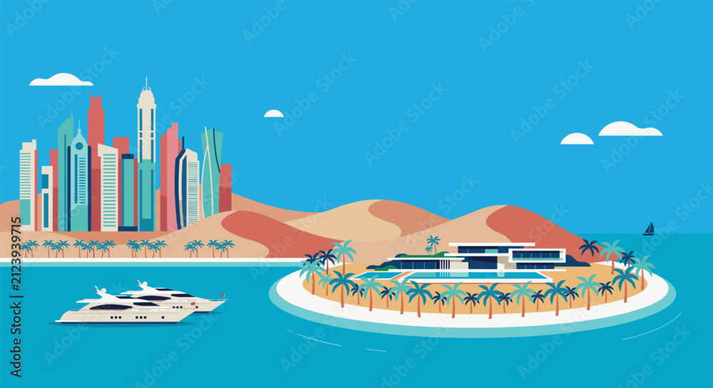 Obraz premium Modern luxury villa on a private island with a city skyline in the background