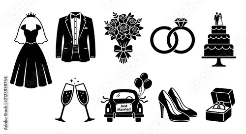 Wedding Symbols Collection In Black Silhouette marriage