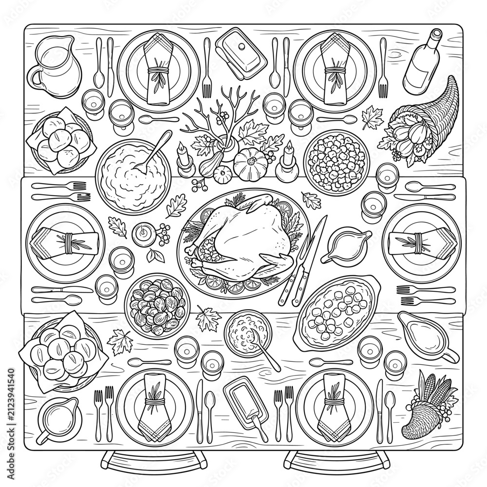 Obraz premium Top-down view of a detailed Thanksgiving dinner table setting