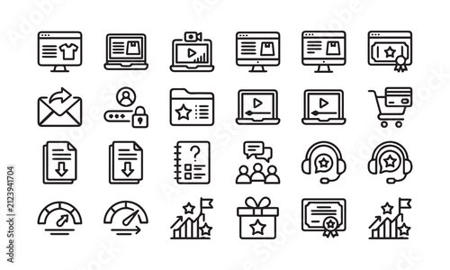 Set of outline icons for online content and business management applications.