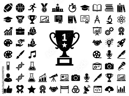Trophy and Icons Set: Success, Achievement, Education, Business, Sports, Technology, Art