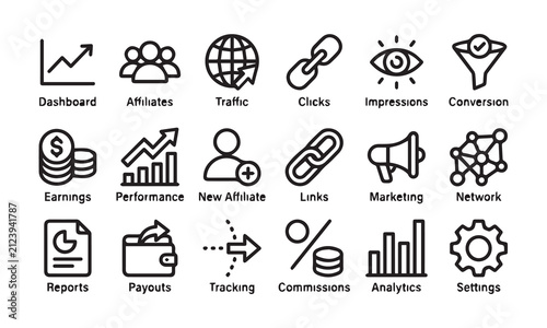 Comprehensive set of affiliate marketing icons for web and application design.
